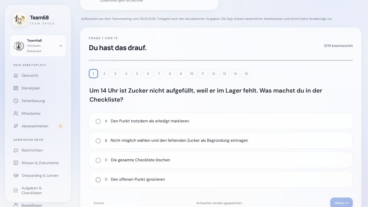 Originalansicht: Wissen und Onboarding in AIO Restaurant X